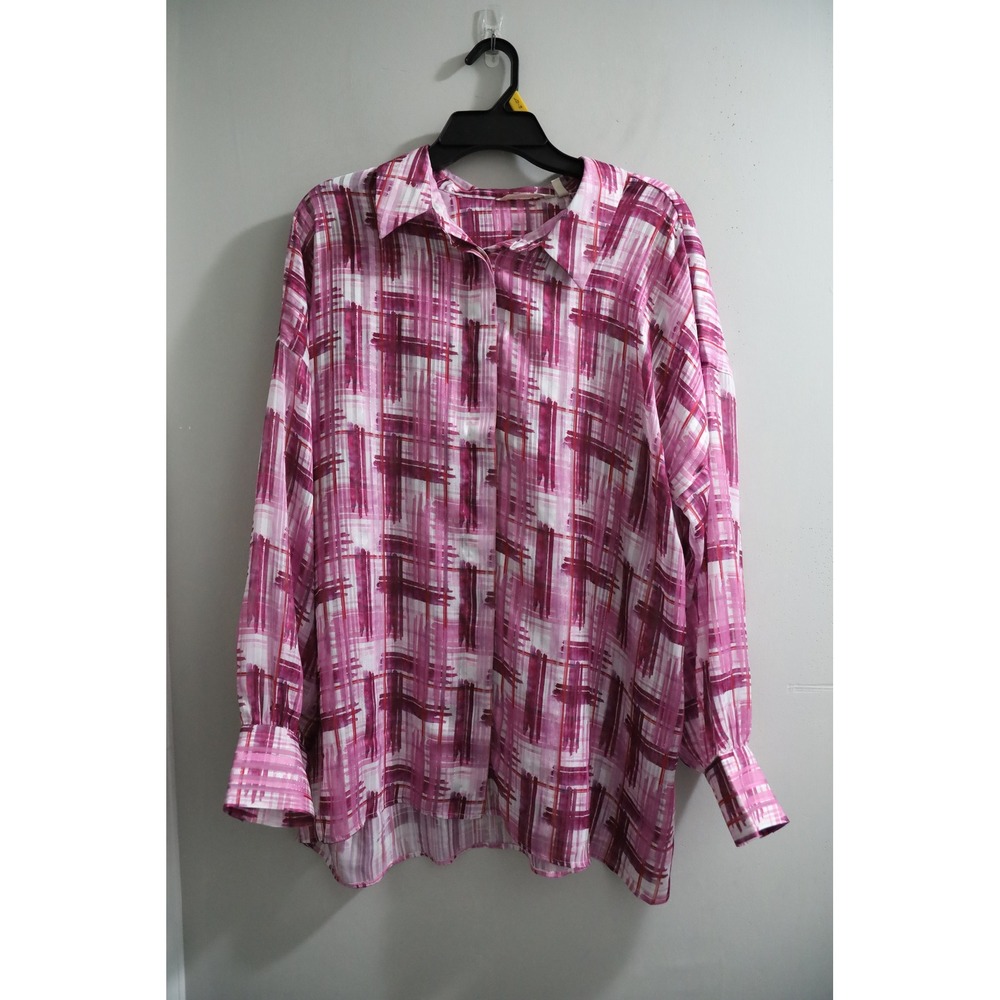 Soft Surroundings Pink Abstract Plaid Metallic Stripe Button Up Blouse XL 2EA93